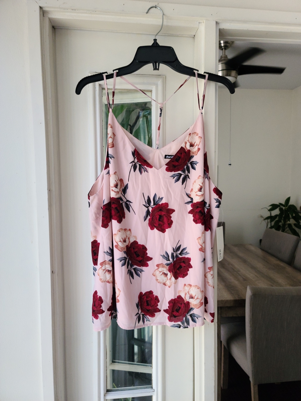 Charlotte Russe Pink Floral Spaghetti Strap Cami with Burgundy Roses